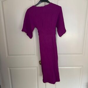 Closet London Magenta Purple Ribbed Midi Dress Short Sleeve Tie Waist US 2 UK 6
